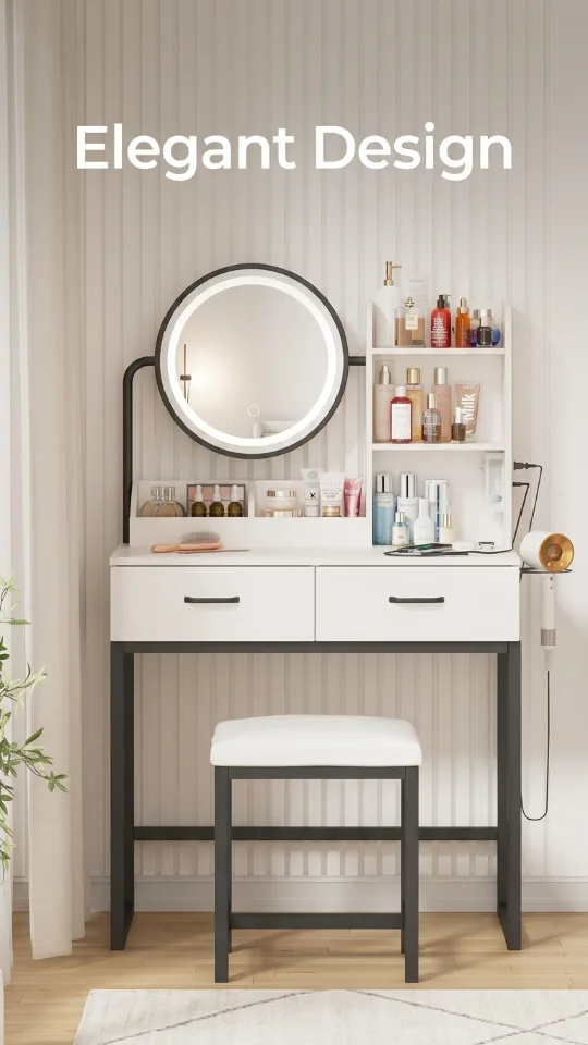 Vabches Makeup Vanity with Round Mirror and Lights, White Vanity Makeup Table with Charging Station, Small Vanity Table for Bedroom, 3 Lighting Modes, 31.5in(L)