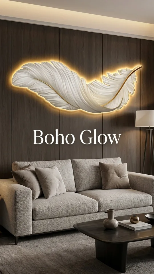3D Wall Art LED Lighted Feather Sculpture, Boho Resin Decor with Plume Wings, Illuminated Home Hanging for Living Room & Bedroom