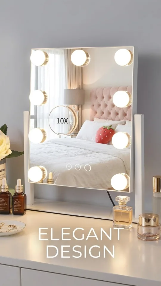 Kotdning Vanity Mirror with Lights,Lighted Vanity Mirror with 9 Dimmable Bulbs for Dressing Room & Bedroom,3 Color Lighting,Modes Detachable 10x Magnification 360°Ratation