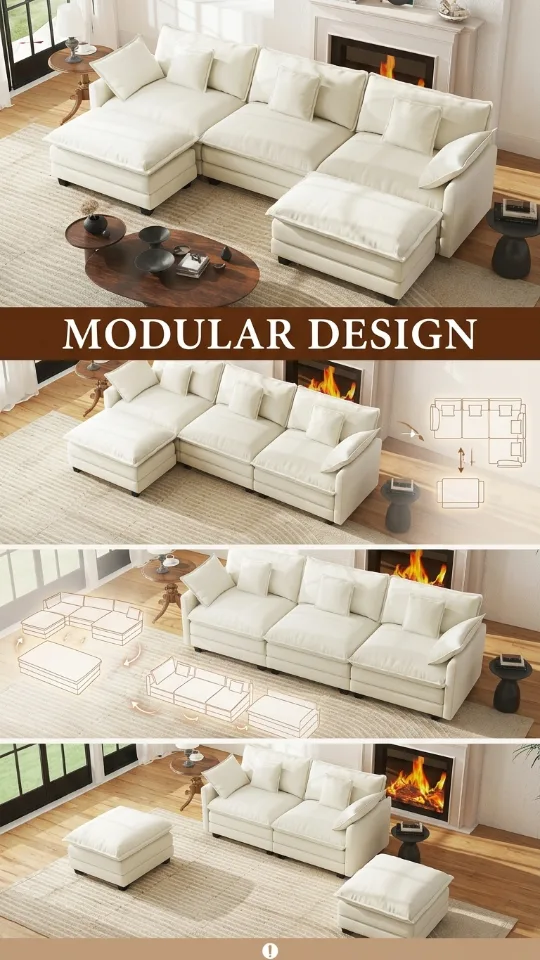 111.4" Modular Sectional Sofa, U Shape Cloud Couch with 2 Movable Ottoman, Comfy Chenille Deep Seat Sofa with Soft Pillows for Living Room Bedroom Apartment