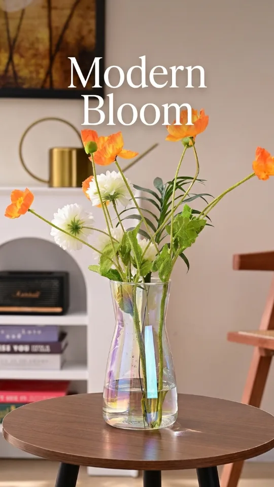 8 Inch Iridescent Glass Vase for Flowers, Modern Boho Table Decor