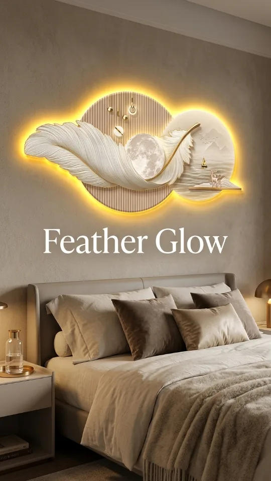 3D Wall Decor: Backlit Feather Wall Sculpture (Night Light Style) — An Irregularly Shaped Wall Art Piece Crafted from Crystal Porcelain, Ideal for Entryways and Living Room
