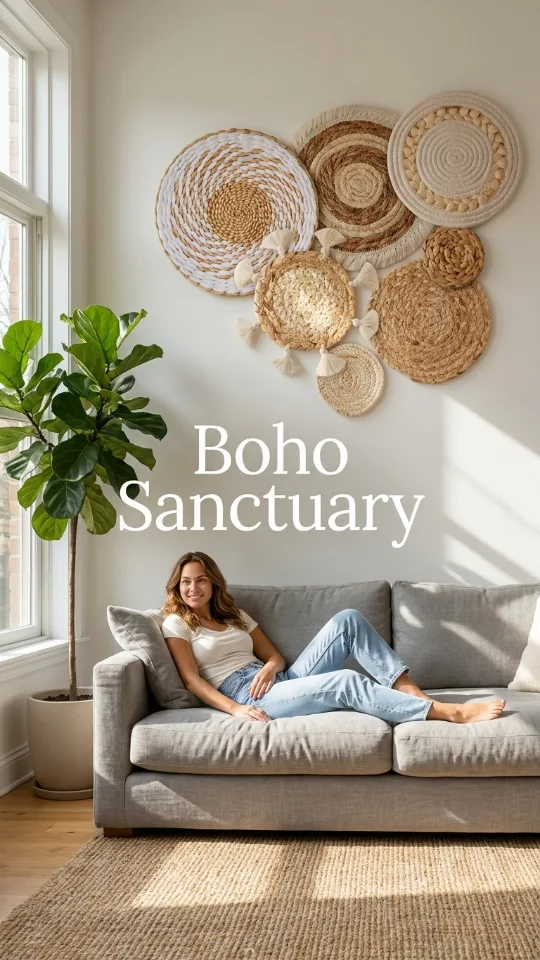 7 Pack Boho Wall Basket Decor - Seagrass Rattan Wicker Wall Decor Round Handmade Hanging Rustic Flat Elegant Wall Art for Farmhouse Living Rooms Bedrooms Display Table Settings Kitchen Home