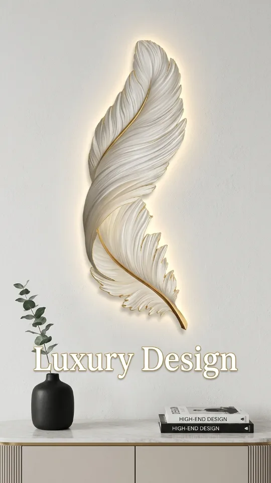 3D Wall Art LED Lighted Feather Sculpture, Boho Resin Decor with Plume Wings, Illuminated Home Hanging for Living Room & Bedroom