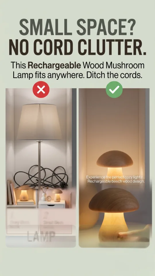 Wood Mushroom Lamp, Rechargeable Small Bedside Lamp, Touch Mushroom Night Light Small lamp for nightstand, Portable Battery Operated Lights for Bedroom Kids Birthday Gifts