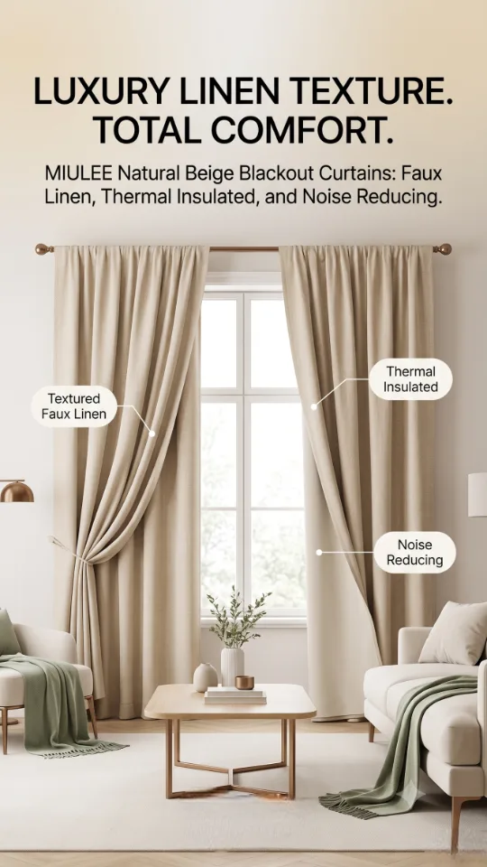 MIULEE 100% Blackout Linen Textured Curtains for Bedroom Solid Thermal Insulated Natural Beige Grommet Room Darkening Curtains & Drapes Luxury Decor for Living Room 52 x 84 Inch
