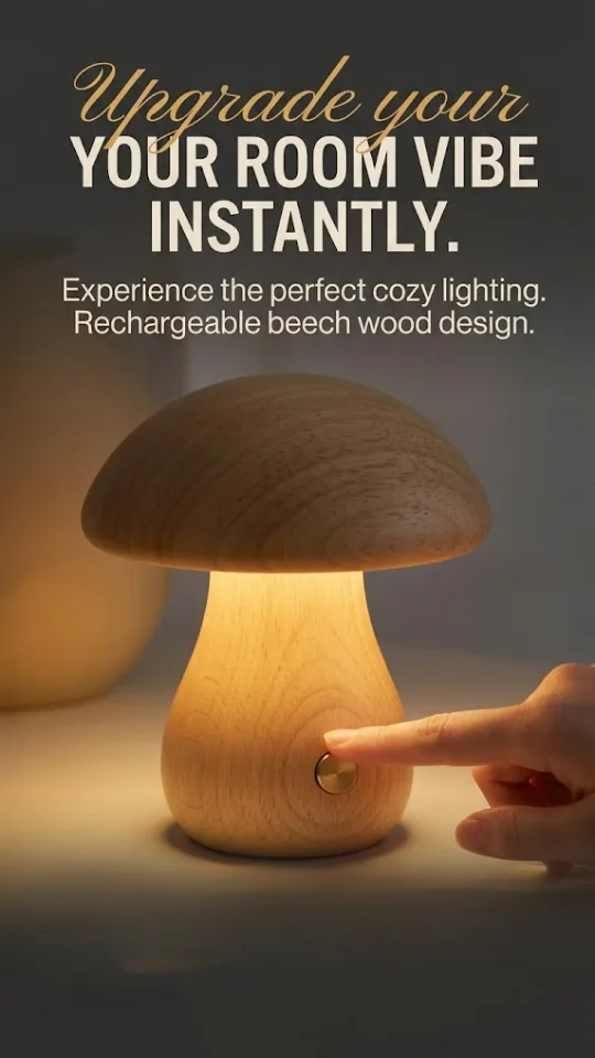 Wood Mushroom Lamp, Rechargeable Small Bedside Lamp, Touch Mushroom Night Light Small lamp for nightstand, Portable Battery Operated Lights for Bedroom Kids Birthday Gifts