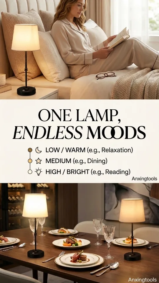 Anxingtools Rechargeable LED Cordless Table Lamp, 5200mAh Battery Operated, 3 Level Brightness, Portable Night Bedside Lamp, Ambient Desk Light for Home Decor, Patio, Restaurant, Dinning(Black)