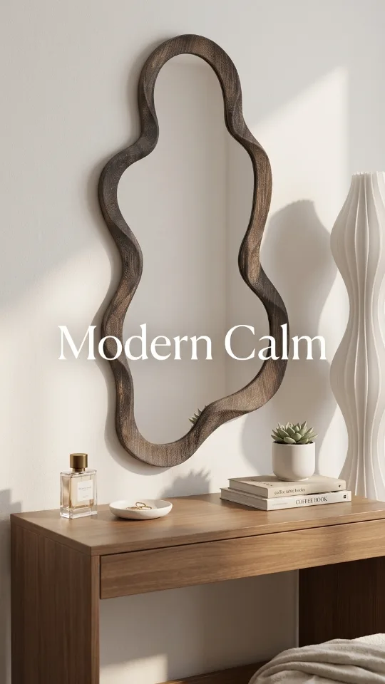 Large Asymmetrical Mirror, Wall Wood Frame Irregular Cloud Wavy Mirror