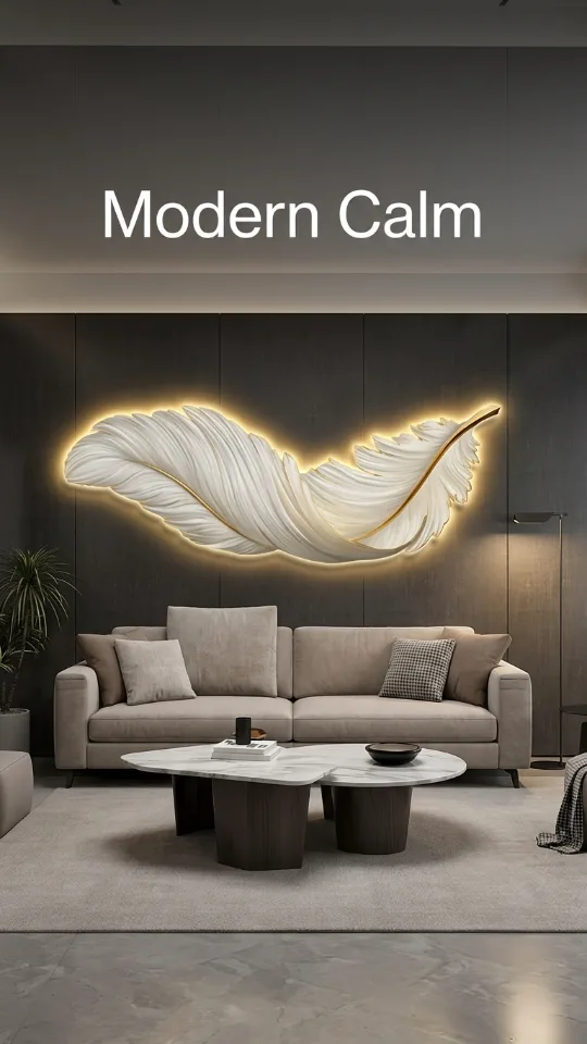 3D Wall Art LED Lighted Feather Sculpture, Boho Resin Decor with Plume Wings, Illuminated Home Hanging for Living Room & Bedroom