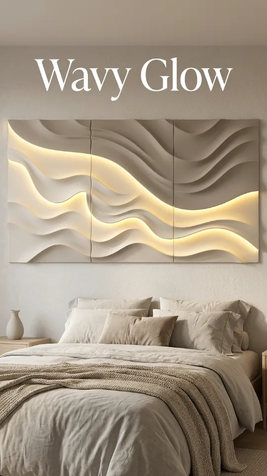 LED Light Up 3D Wavy Wall Art for Bedroom, Glowing Bedside Wall Decor Aesthetic Room Wall Decor with Ambient Lighting, Plug-in Framed hanging sculptures for Entryway.