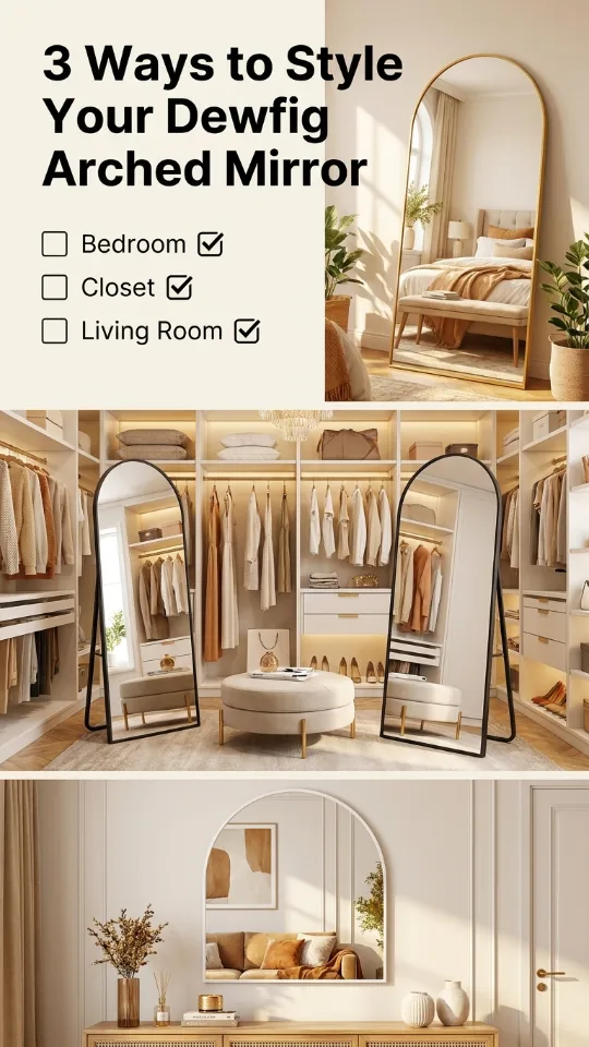 Dewfig Arched Full Length Mirror,64"x20" Gold Mirror with Stand, Full Body Mirrors for Leaning Against or Wall Mounted, Large Floor Mirrors for Bedroom, Living Room, Gold