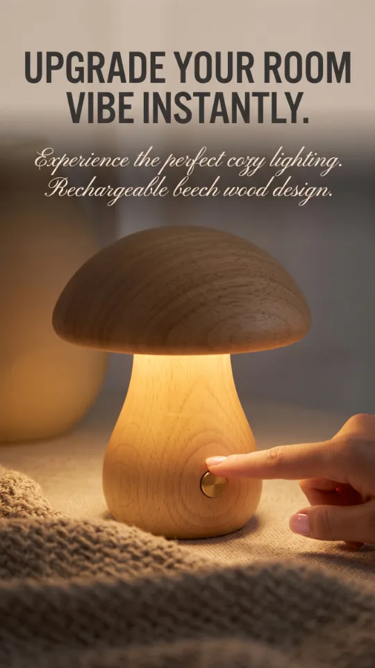 Wood Mushroom Lamp, Rechargeable Small Bedside Lamp, Touch Mushroom Night Light Small lamp for nightstand, Portable Battery Operated Lights for Bedroom Kids Birthday Gifts