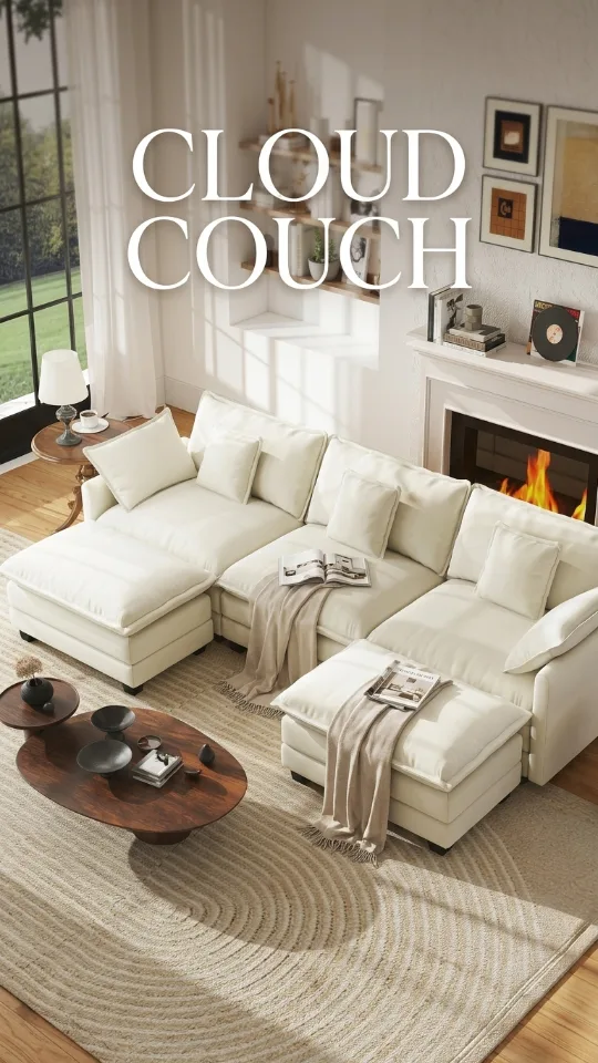 111.4" Modular Sectional Sofa, U Shape Cloud Couch with 2 Movable Ottoman, Comfy Chenille Deep Seat Sofa with Soft Pillows for Living Room Bedroom Apartment