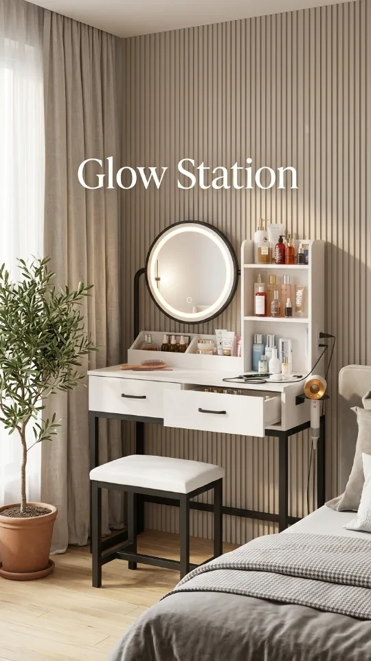 Vabches Makeup Vanity with Round Mirror and Lights, White Vanity Makeup Table with Charging Station, Small Vanity Table for Bedroom, 3 Lighting Modes, 31.5in(L)